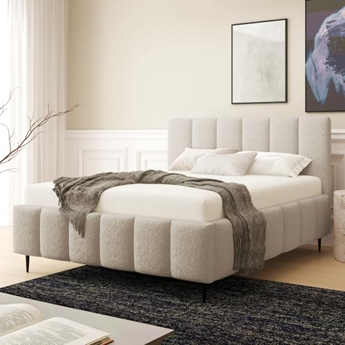 Home Collective Polsterbett Bett Doppelbett mit Bettkasten Bettgestell mit Lattenrost 140x200 160x200 180x200 weich gepolstert modernes Design Schlafzimmer Jugendzimmer Möbel | Hellbeige 180x200