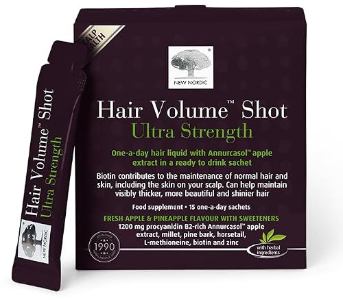 New Nordic Hair Volume Ultra Strength Sachets, Biotin & Annurca Apple, 15ct | Biotin for normal hair & scalp, pantothenic acid, maritime pine bark, millet, zinc & copper, pineapple & apple flavour, vegan
