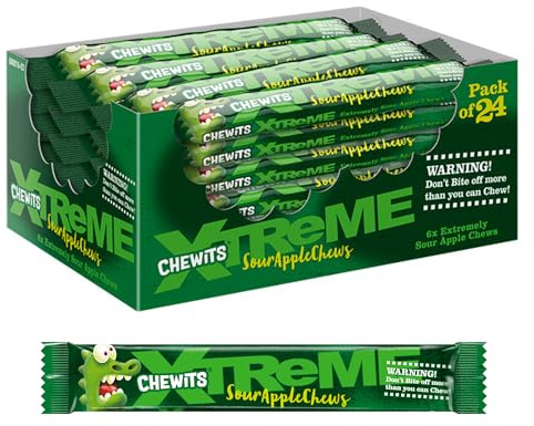 Chewits Xtreme Apple Sour Flavour Chewy Sweets 24 Sticks, Vegetarian | Multipack, Bulk Box, Individually Wrapped, Made with Real Fruit Juice, No Artificial Colours, Classic British Sweet