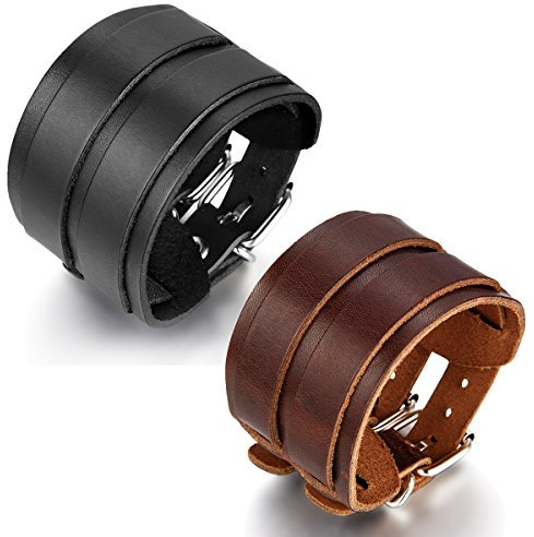 JewelryWe Schmuck 2 Herren Lederarmbänder, Punk Rock Stil Breit Leder Armreif, Kunstleder, Schwarz Braun, mit Geschenk Tüte
