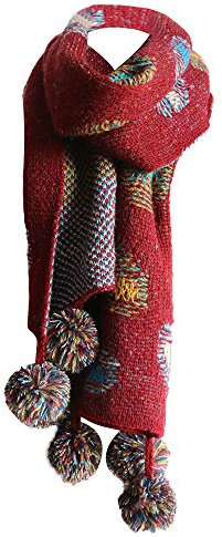 PB-SOAR Damen Strickschal Warmer Schal Halstuch mit bunten Punkten und abnehmbaren Bommeln 180 x 38cm (Weinrot)