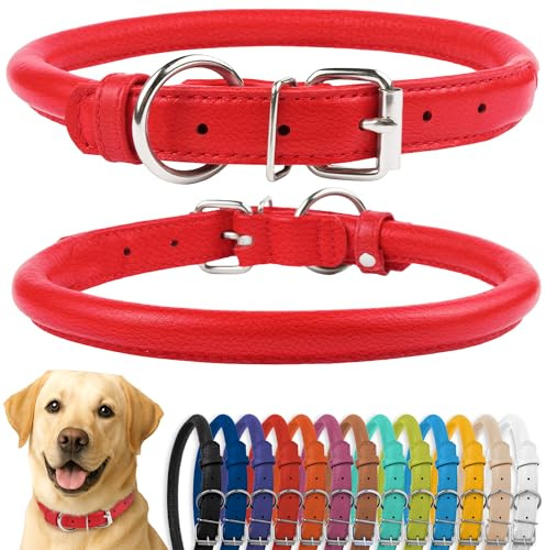 CollarDirect Rolled Leather Dog Collar, Soft Padded Round Puppy Collar, Handmade Genuine Leather Collar Dog Small Large Cat Collars Black Pink Red Purple Blue (Fits 20-23 Neck, Red)