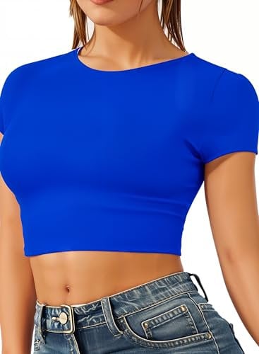 Re Tech UK - Women's Basic Ladies Short Sleeve Stretchy Crop Tops for Women, Slim Fit Crew Neck, Cropped T Shirt, Summer, Cute, Tshirt, Sizes 8-14 (S/M 8-10, Royal Blue)