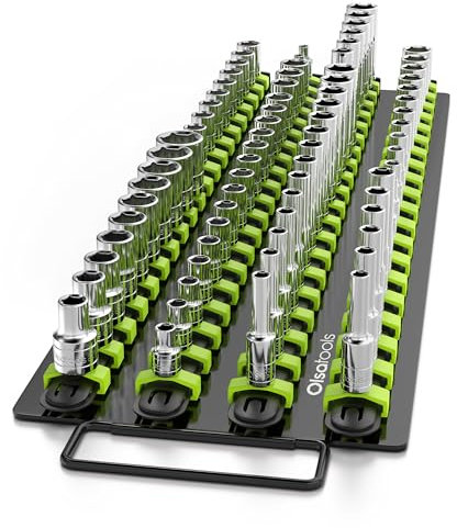 Olsa Tools Portable Socket Organizer Tray | Black Rails with Green Clips | Holds 80 Sockets | Professional Quality Socket Holder