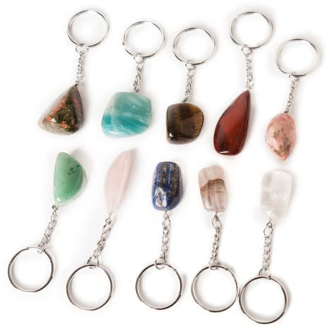 JIC Gem 10 pc Custom Clear Quartz Green Aventurine Lapis Lazuli Fluorite Tiger Eye Stone Amazonite Rhodochrosite Rose Quartz Unakite Red Jasper Keychain Reiki Healing Crystal Beads Keyring Gemstones