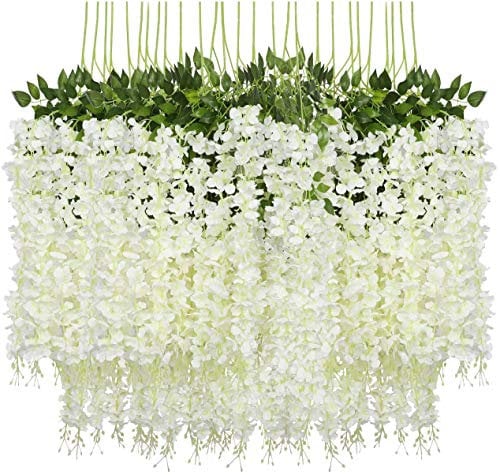 Pauwer 24 Stück Künstliche Blumen Fake Glyziniengirlande Blumengirlande Hängende Blauregen Seidenblumen für Heimdekoration Hochzeiten Hause Garten Party (weiß)