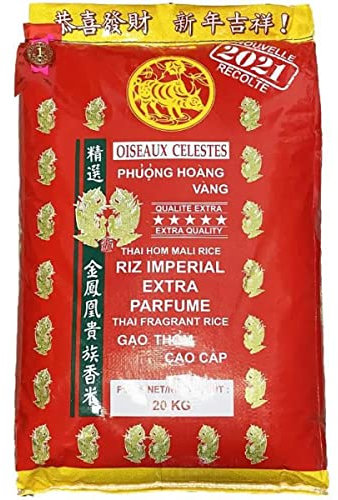 Riz Thai impérial 2021 extra parfumé qualité premium 20KG avec Spatule en bambou - Marque Oiseaux Célestes - Année 2021 (Sac de 20kg + Pelle à riz)