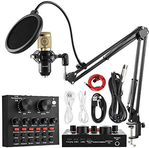 Kondensatormikrofon-Set, BM-800 Mikrofon-Kit mit Live-Soundkarte, Verstellbarer Mikrofonaufhängung, Metallstoßhalterung und doppelschichtiger Pop-Filter für Studio-Aufnahmen und Rundfunk (Gold)