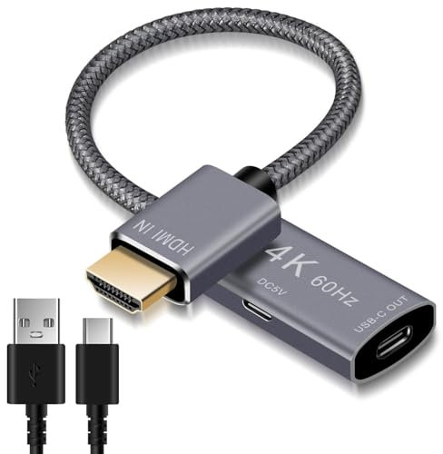 Elebase HDMI Stecker auf UsbC Buchse Kabel Adapter mit USB C Ladenkabel, HDMI Eingang auf Typ C 3.1 Ausgang Konverter, 4K 60Hz Thunderbolt 3 Adapter für Neue MacBook Pro, Mac, Surface
