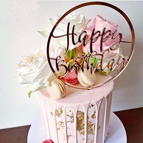 LUONT Premium Happy Birthday Cake Toppers -Round Rose Gold Cake Sign for Party Decoration for Wedding Anniversary Baby Shower Acrylic Cupcake Topper for Boy Girl Baby Cake Décor