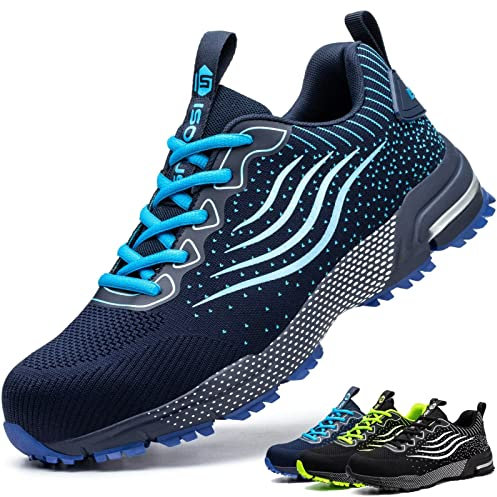 ISOOUS Sicherheitsschuhe Herren Damen Arbeitsschuhe Leicht Atmungsaktiv rutschfest Stahlkappe Schutzschuhe Blau 43