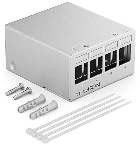 deleyCON 4 Port Patchpanel Gehäuse 1 HE für 14,9 mm x 17 mm Keystone Module mit z.B. RJ45 Koaxialstecker BNC F-Stecker Antennenstecker RJ-11 Cinch Klinke USB Toslink PS2 HDMI - Grau