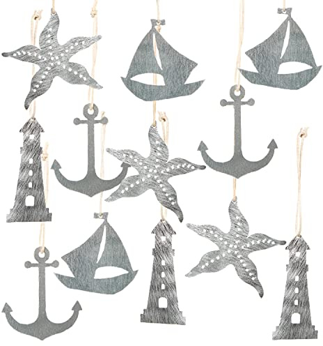 Logbuch-Verlag 12 Flache Metallanhänger Seestern + Anker + Schiffe + Leuchtturm - Maritime Deko zum Aufhängen Silber glänzend aus Metall