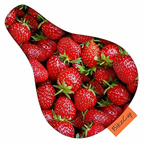 BikeCap Kids - Kinder Fahrradsitz-Bezug Sattelüberzug Regenschutz Fahrradsattel-Bezug Sattelbezüge mit Motiven/Mustern (Strawberries)