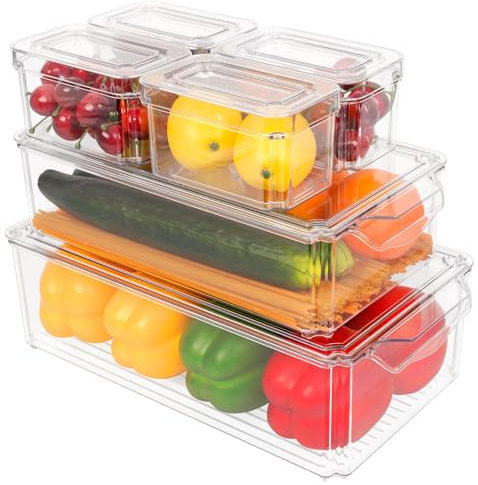 Bewahly Kühlschrank Organizer 6er Set, Kühlschrank Aufbewahrungsbox Stapelbar mit Deckel, Kühlschrank Ordnungssystem, Obst und Gemüse Behälter fur Küchen, Kühlschrank, Schränke, Regale - BPA Frei