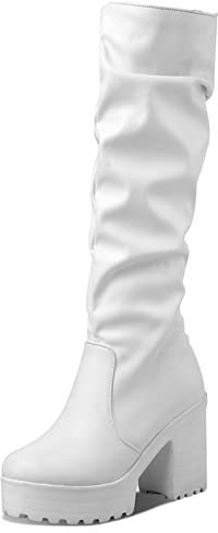 Stivali da Donna a Metà Polpaccio con Tacco Alto, Stivali Morbidi Tacco a Blocco Senza Chiusura Punta Rotonda Boots Moda con Plateau, 17485Omz Bianco Numero 40 EU