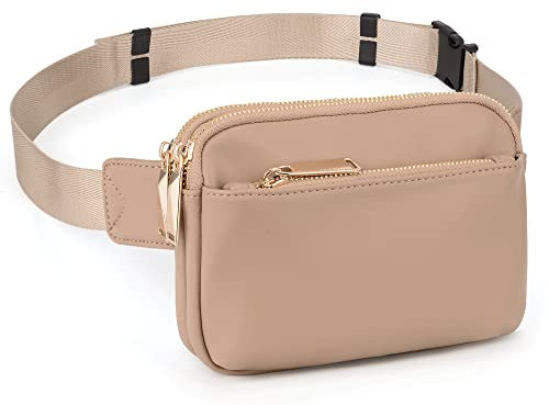 UTO Bauchtasche Damen Herren PU-Leder Mode Gürteltasche Leichte Hüfttasche mit 3 Reißverschlusstaschen im Freien Einkauf Reisen Wandern Aprikose
