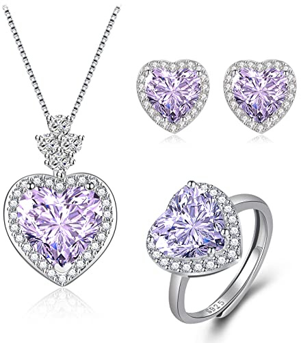 Hasnsofie Silber Damen Schmuckset, 925 Sterling Silber Herz Schmuckset, Titanic Herz des Ozeans Silber Halskette Ohrstecker Ring Set, Luxus Hochzeit Schmuckset Brautschmuck mit Lila Liebe Zirkonia
