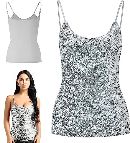 Damen Pailletten Tops Ärmellos Glitzer Camisole Weste Verstellbare Träger Daily Halfter Tank Tops Bluse T-Shirts für Nachtclub Party Performance Kostüm, silber, Einheitsgröße