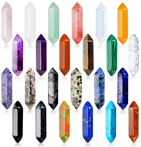 24Stück Heilende Kristalle Steine Sets, Sechseckige Heilkristalle Reiki Meditation Edelstein Chakra Steine Amethyst Tigerauge Obsidian Malachit Heilsteine Anhänger Spirituelle Deko Esoterik Geschenke