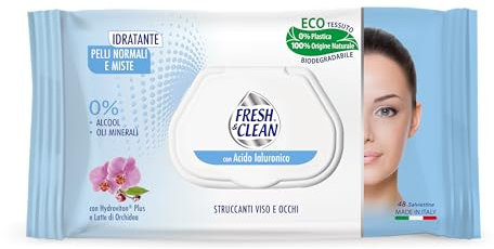 Fresh & Clean - Salviettine Struccanti, Pelli Normali, con Acido Ialuronico, Tessuto 100% Origine Naturale, Senza Alcool e Oli minerali, 48 pezzi