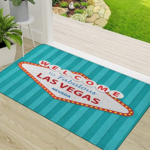 Tapis de Porte Paillasson d'Entree Interieur et Extérieur Tapis,Image de panneau d'entrée de la ville de Las Vegas Nevada sur fond à rayures horizo,Antidérapant et Absorbant Tapis pour Chambre 50x80cm