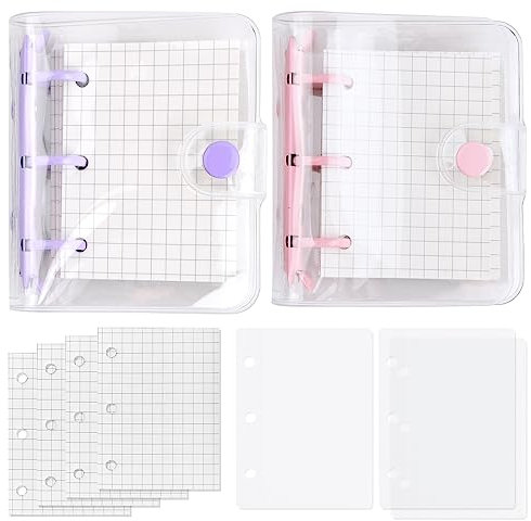 Roseyan Mini Ringbuchordner 3 Loch Binder Notizbuch Transparent Ring-Mappe Soft PVC Notizbuch 80 Blatt Papier pro Tragbar Binder Abdeckung und 3 Taschen für Journal Memo Meeting 10 * 8.7cm (2)