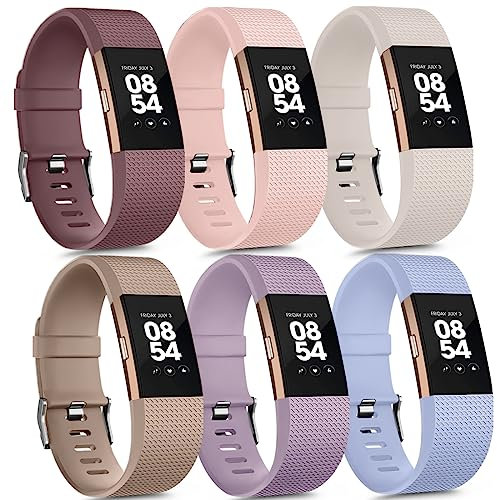 Vancle 6PACK für Fitbit Charge 2 Armband für Damen Herren,Silikon Sport Weiches Ersatzarmband Uhrenarmband für Fitbit Charge 2 Armband(L,Hellviolett/Starlight/Violett/Rosa/Hellblau/Milchtee)