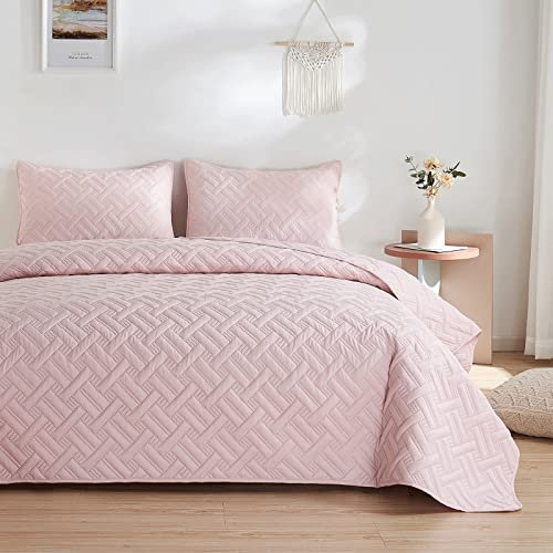 beeweed Tagesdecke Bettüberwurf 220x240cm Rosa, Bedspreads aus Mikrofaser, Quilt Überwurf Bett Überwurfdecke leicht, Steppdecke bei Ultraschall genäht mit 2 Kissenbezug, Korb Muster