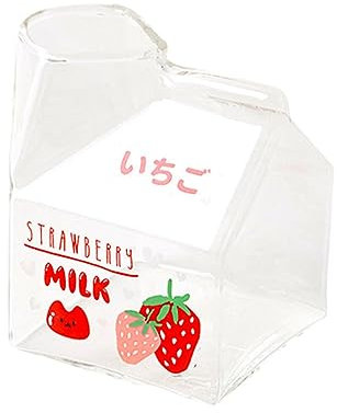 EIOLWJIEO Vaso de Vidrio Resistente al Calor: Garantiza la Seguridad alimentaria hasta 100 ℃ Caja Cuadrada de Leche de cartón de Leche de Grado alimenticio Caja Kawaii, Fresa, 301-400ml
