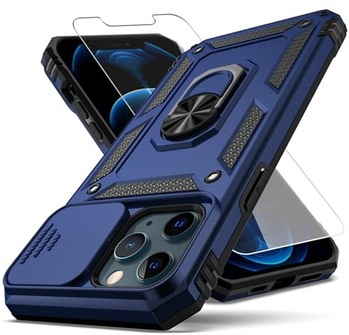 YZOK for iPhone 12 Pro Max Case,with Camera Lens Cover HD Screen Protector,[Military Grade] Ring Car Mount Kickstand Hybrid Hard PC Soft TPU Shockproof Protective Case for iPhone 12 Pro Max-Blue