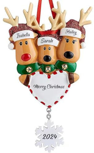 Personalisierte Weihnachtsnamensornamente 2024, Familie mit 2–6 Hirschen, individuelle Weihnachtsornamente mit Text, individuelle Familienornamente für Weihnachtsbaumdekorationsgeschenke
