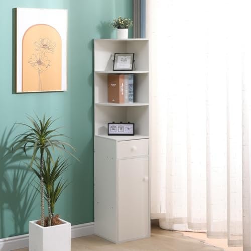 Pantanal Corner Bookcase, Tall Corner Cabinet for Living Room Bedroom, Floor Standing Wooden Storage Shelf Unit with 3 Shelves 1 Door 1 Drawer, White