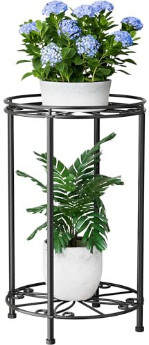 Josmimic Plant Stands 2-Tiers Flower Pot Shelf Indoor Large Corner Holder With Adjustable Feet, Metal, Black, Tall 16.4'', L10.2''