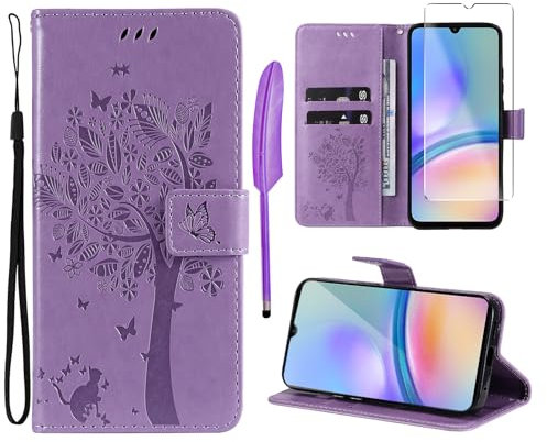 Oududianzi - Coque pour Samsung Galaxy A05s [1X Verre Trempé] Étuis Rabat Folio Protection Housse Cuir PU Portefeuille Silicone [Fermeture Magnétique][Emplacements Cartes][Stand Feature] - Violet