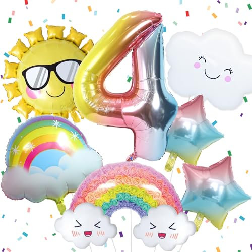 Luftballon Regenbogen für Mädchen 4. Geburtstag Dekoration Regenbogen Sonne Folie Luftballon Regenbogen Sterne und Zahl 4 Folienballon für Geburtstagsdeko Mädchen 4 Jahr Regenbogen Thema Party Deko