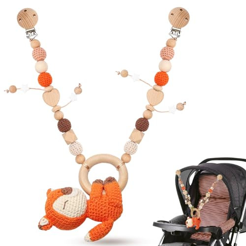 Kinderwagenkette Holz für Mädchen Junge Kinderwagen Spielzeug Mobile Kinderwagen Accessoires Kette für Babys Montessori Neugeborenen Spielzeug Baby Kinderwagenspielzeug für Babyschale (Fuchs)