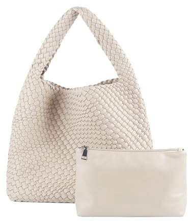 Handgefertigte gewebte Tasche für Damen, veganes Leder, Unterarmtasche, Reisetasche, Umhängetasche, Handtasche, Strandtasche, Geldbörsen, Beige, 14.25*4.8*12.25 inch