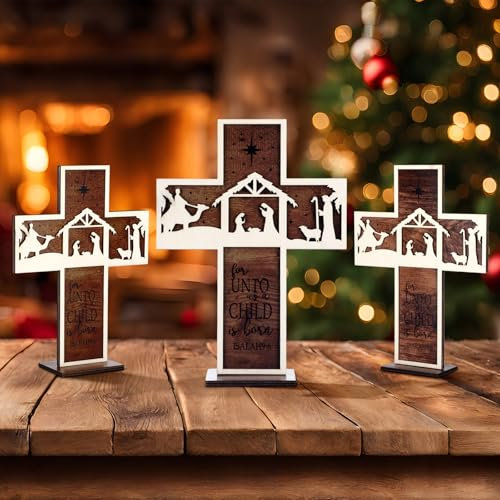 Huwena Weihnachtskrippe, Tischdekoration, Vintage, Jesus, Tischdekoration, rustikales Bauernhaus-Krippenset, Urlaub, Holz-Esstisch-Dekoration für Zuhause, gestuftes Tablett, Dekoration,