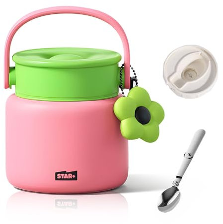 Euakee Termo para Comida 800 ml, Acero Inoxidable Doble Aislado con Cuchara, Recipiente Térmico para Comida, Fiambrera Termica Infantil y Adultos, Mantiene la Comida Caliente y Fría -Sin BPA (Rosa)
