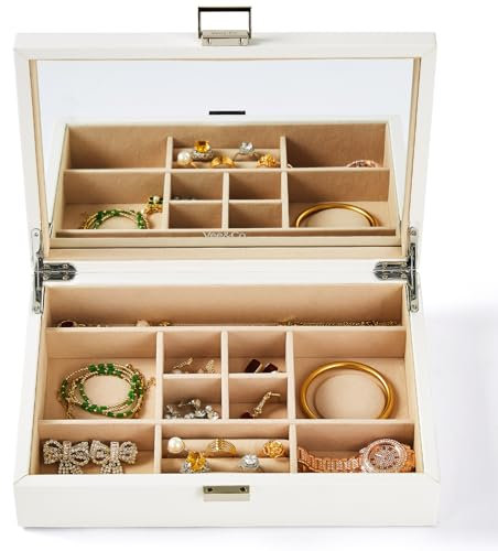 Vee Schmuckkästchen,Schmuckschatulle mit großer Spiegel,Schmuckaufbewahrung Schmucktablett mit Deckel,PU Leder Schmuck Organizers,Geschenkbox für Damen Mädchen Frauen (Weiß1)