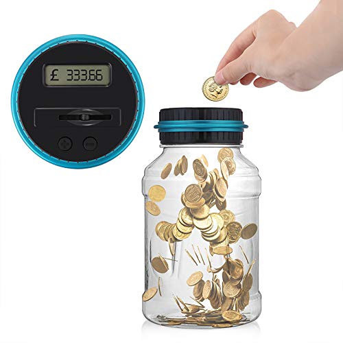 Palmcee Digital Coin Bank,1.8L Large Capacity Transparent Money Saving Jar, SAME QUALITY LOWER PRICE Digital UK Coins Automatic Counting Money Box Jar with LCD Display Birthday for Kids