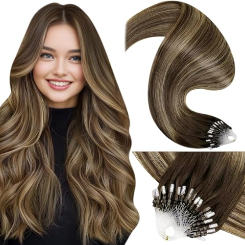 LaaVoo 22 In Micro Bead Hair Extensions Human Hair, Brown to Caramel Blonde | 50g Smooth Micro Link Tip for Women, Long Straight Remy Hair, Easy to Install, Can Be Styled with Fuller Festival Look