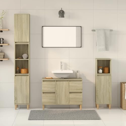 Homgoday Badezimmermöbel-Set 3-teilig Eiche Sonoma aus mehrschichtigem Holz, komplette Badezimmermöbel, Anrichte für den Boden für Badezimmer, Schrank Modell 3307671