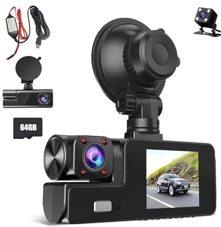 Dashcam Auto Vorne Hinten und Innen 1080P Full HD mit 64GB SD-Karte, Auto Kamera mit Parküberwachung, Bewegungserkennung, Infrarot Nachtsicht, Loop-Aufnahm, WDR, Weitwnkel(170°+150°+150°) (Mit WiFi)