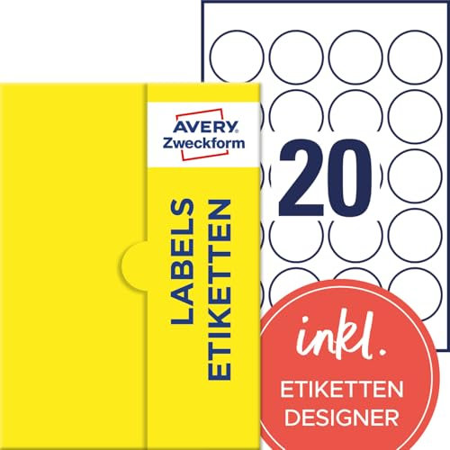 AVERY Zweckform P3413-25 Runde Etiketten (500 Klebepunkte, Ø45mm auf A4, runde Aufkleber zum Bedrucken, selbstklebende Produktetiketten, permanent haftende Marmeladenetiketten) 25 Blatt, weiß