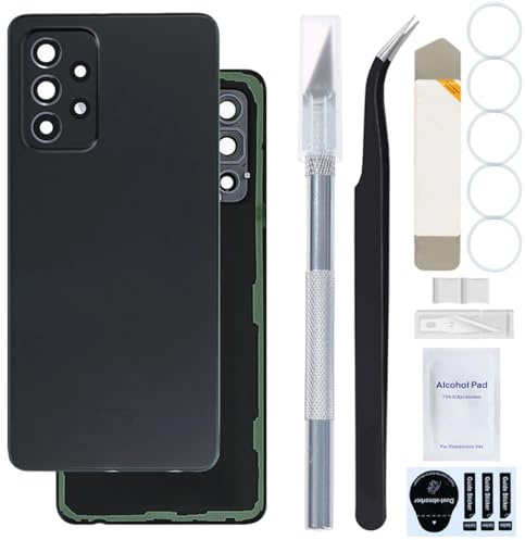 ZHUROUPU Rückwand Ersatz für Galaxy A52 5G A526B/DS A526U, Rückwärtige Batteriefachabdeckung für Galaxy A52 5G mit vorinstallierter Kamera Len, vorinstalliertes Klebeband (Schwarz)