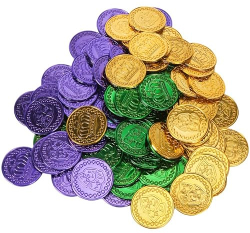 Lipfer Mardi Gras-münzen, 100 Stück, Piratenmünzen, Runde Plastikmünzen, Grün, Lila, Gold, Gefälschte Goldmünzen, Mardi Gras-partyzubehör