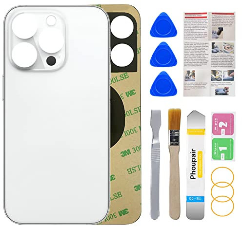 Phoupair Ersatz-Glas für die Rückseite, kompatibel mit iPhone 14 Pro Max, 17 cm (6,7 Zoll), mit Reparaturset und Montageanleitung (evtl. nicht in deutscher Sprache) (Silber)
