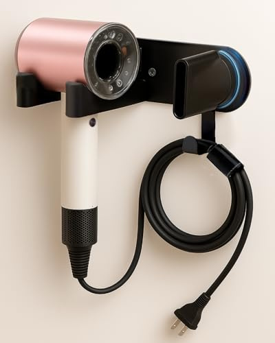 UEMUSI Föhn Halterung, Fönhalter Schwarz, Fönhalter Ohne Bohren Wandhalterung aus Aluminiumlegierung für Badezimmer, Magnetische Dyson Aufsatz Halterung mit Kabelhaken, Bohrfreie Installation